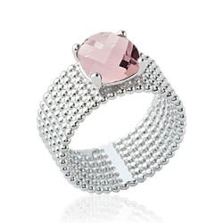 Bague large en argent rhodié sept rangs perlés pierre carré en cristal rose à facettes Obrillant-Bijoux