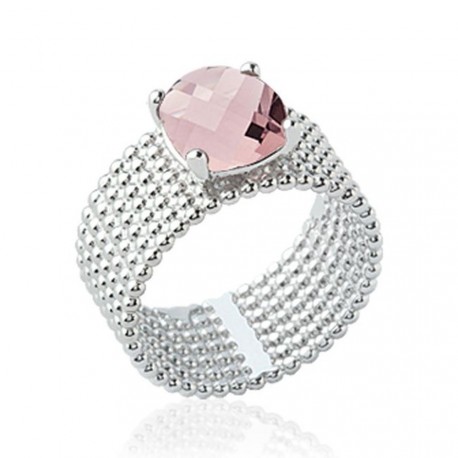 Bague large en argent rhodié sept rangs perlés pierre carré en cristal rose à facettes Obrillant-Bijoux