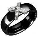 Bague anneau en céramique noire et X pavé de cristaux T54 promotion