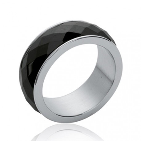 Bague en acier et céramique noire à facettes Obrillant-Bijoux