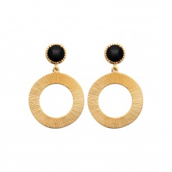 Boucles d'oreilles en plaqué or cercle ciselé et pierre en agate noire obrillant-bijoux
