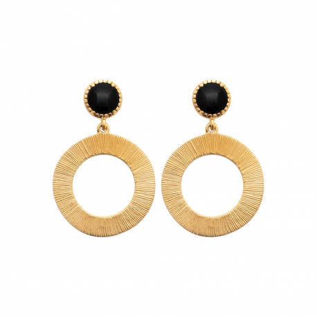 Boucles d'oreilles en plaqué or cercle ciselé et pierre en agate noire obrillant-bijoux