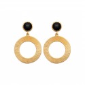 Boucles d'oreilles en plaqué or cercle ciselé et agate noire véritable promo