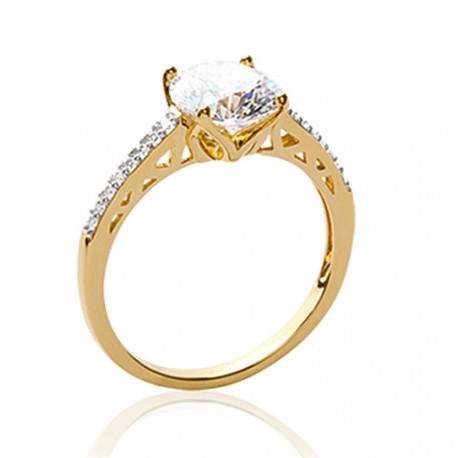 Solitaire accompagné plaqué or ciselé pavé pierres zirconium blanc chic Obrillant-bijoux