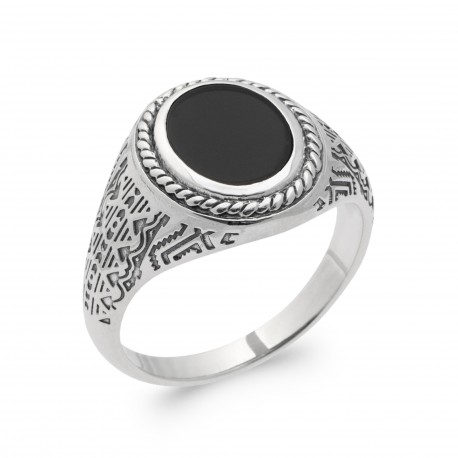 Bague homme en argent 925/1000 monture en relief avec pierre ronde en agate noire véritable pas chère Obrillant-Bijoux