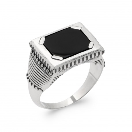 Bague homme en argent 925/1000 monture en relief avec pierre rectangulaire en agate noire véritable pas chère Obrillant-Bijoux