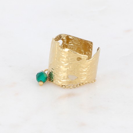 Bague large Bohm en acier inoxydable doré pampille pierre en Malachite Obrillant-Bijoux