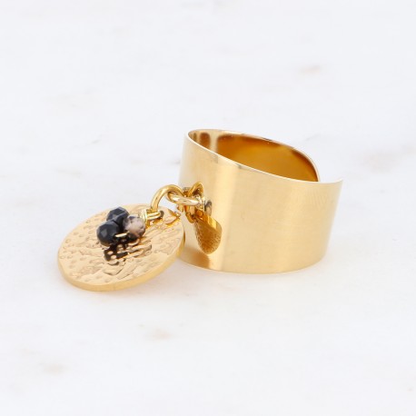 Bague Bohm en acier inoxydable doré avec 3 pierres naturelles et pastille Obrillant-Bijoux