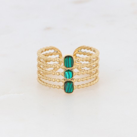 Bague Bohm en acier inoxydable dorée 4 rangs avec pierres en Malachite Obrillant-Bijoux