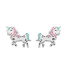 Boucles d'oreilles enfant en argent rhodié Licorne en émail pas cher obrillant-bijoux
