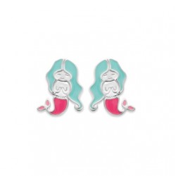 Boucles d'oreilles enfant en argent rhodié sirène en émail pas cher obrillant-bijoux