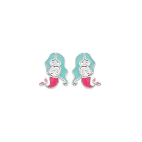 Boucles d'oreilles enfant en argent rhodié sirène en émail pas cher obrillant-bijoux