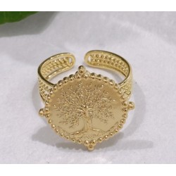 Bague large acier doré réglable ronde arbre de vie pas chère Obrillant-Bijoux