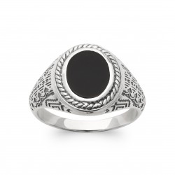 Bague homme en argent 925/1000 monture en relief avec pierre ronde en agate noire véritable pas chère Obrillant-Bijoux