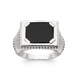 Bague homme en argent 925/1000 monture en relief avec pierre rectangulaire en agate noire véritable pas chère Obrillant-Bijoux