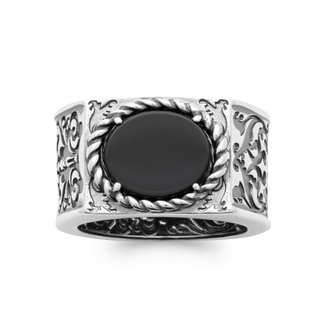 Bague homme argent avec pierre ovale agate noire pas chère Obrillant-Bijoux