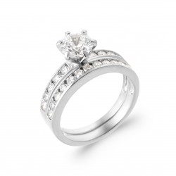 Bague double set en argent 925/000 rhodié alliance et solitaire en zirconium blanc Obrillant-Bijoux