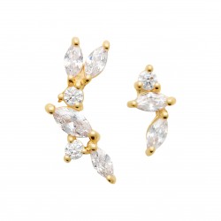 Clous d'oreilles asymétriques plaqué or pierres zirconium blanc pas chère obrillant-bijoux