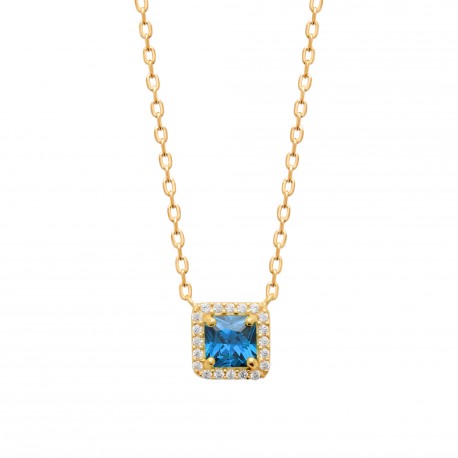 Collier Plaqué Or pierre carré en cristal bleu et zirconium pas cher obrillant-bijoux