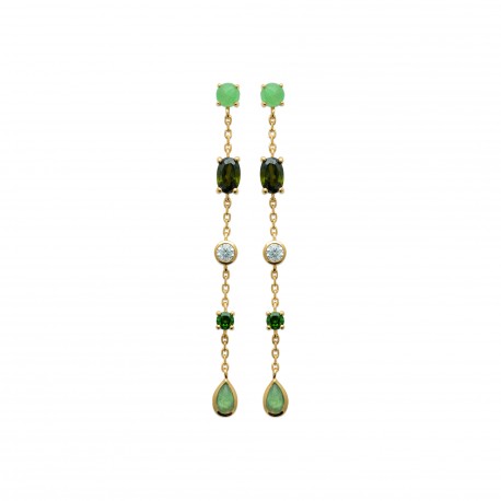 Boucles d'oreilles longues plaqué or pierres vertes et zirconium pas chère obrillant-bijoux