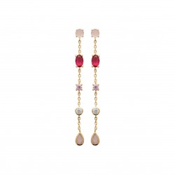 Boucles d'oreilles longues plaqué or pierres roses rouge et zirconium pas chère obrillant-bijoux