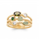 Bague plaqué or multi-rangs pierres vertes et zirconium