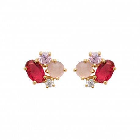 Boucles d'oreilles puces plaqué or pierres roses et zirconium pas chère obrillant-bijoux