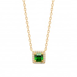 Collier Plaqué Or pierre carré en cristal vert et zirconium pas cher obrillant-bijoux