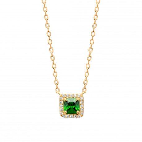 Collier Plaqué Or pierre carré en cristal vert et zirconium pas cher obrillant-bijoux