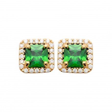 Boucles d'oreilles puces plaqué or pierre cristal vert et zirconium pas chère obrillant-bijoux