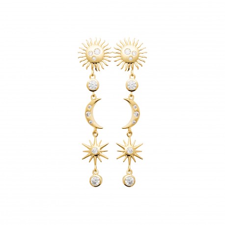 Boucles d'oreilles longues lunes étoiles zirconium et Plaqué or pas chère obrillant-bijoux