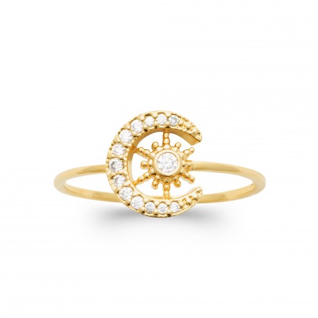 Bague plaqué or lune soleil pavé en zirconium blanc pas chère obrillant-bijoux