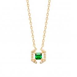 Collier Plaqué Or pierre carré en cristal vert et zirconium pas cher obrillant-bijoux