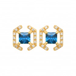 Boucles d'oreilles puces plaqué or pierre bleue carré cristal et zirconium pas chère obrillant-bijoux