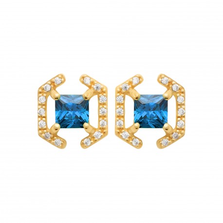 Boucles d'oreilles puces plaqué or pierre bleue carré cristal et zirconium pas chère obrillant-bijoux