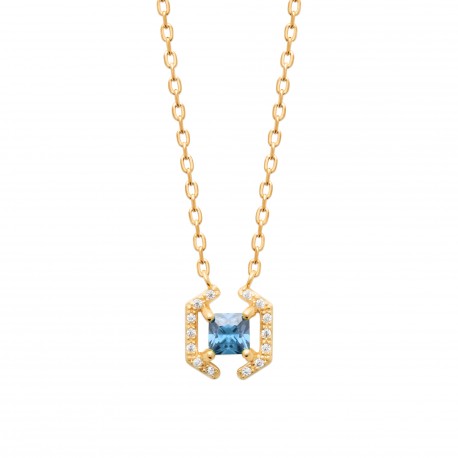 Collier Plaqué Or pierre bleue carré en cristal et zirconium pas cher obrillant-bijoux