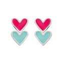 Boucles d'oreilles enfant coeurs laque rose bleue et argent