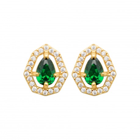 Boucles d'oreilles puces plaqué or pierre verte ovale cristal et zirconium pas chère obrillant-bijoux