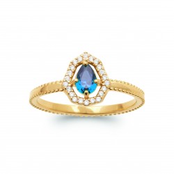 Bague plaqué or pierre bleue poire ovale en cristal et zirconium pas chère Obrillant-bijoux