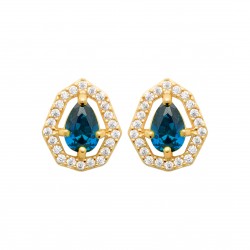 Boucles d'oreilles puces plaqué or pierre bleue ovale cristal et zirconium pas chère obrillant-bijoux