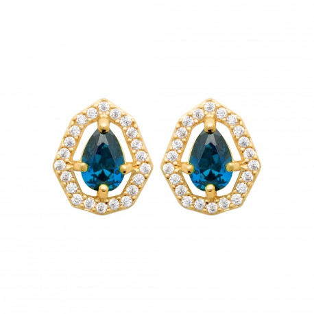 Boucles d'oreilles puces plaqué or pierre bleue ovale cristal et zirconium pas chère obrillant-bijoux