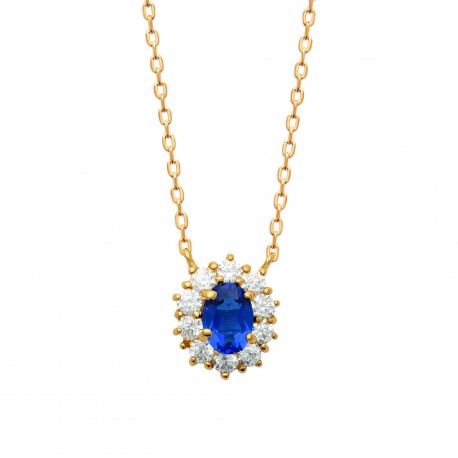 Collier plaqué or avec pierre ovale en cristal bleu et zirconium joaillerie pas cher Obrillant-Bijoux