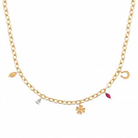 Collier plaqué or pampilles chance trèfle fer à cheval pierres gouttes en cristal pas cher obrillant-bijoux