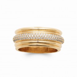 Bague large Plaqué or bombée striée avec zirconium pas chère obrillant-bijoux
