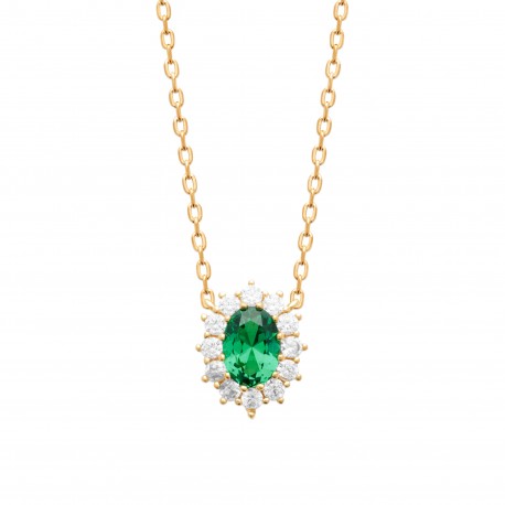 Collier style Joaillerie pierre verte ovale et Zirconium Plaqué Or pas cher obrillant-bijoux