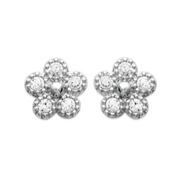 Boucles d'oreilles puces en argent 925/000 rhodié fleur pavé en zirconium blanc obrillant-bijoux