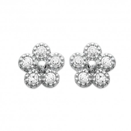 Boucles d'oreilles puces en argent 925/000 rhodié fleur pavé en zirconium blanc obrillant-bijoux